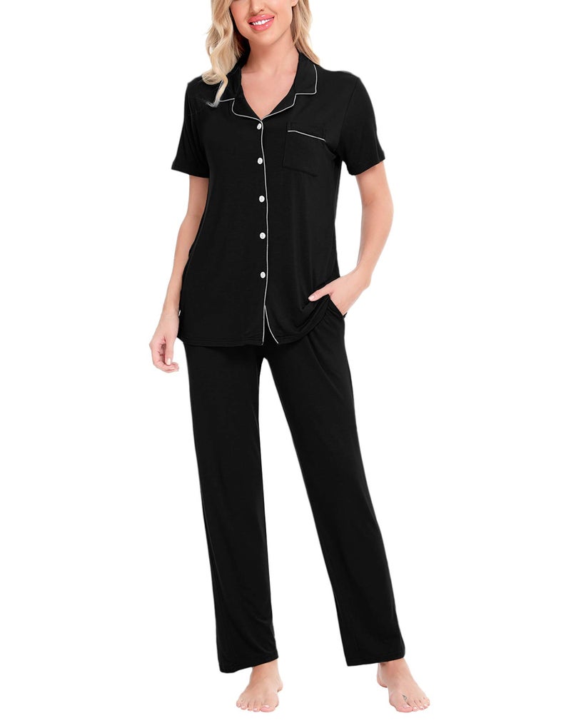 SWOMOG Women Pajama Sets Two-Piece Nightwear Short Sleeve Sleepwear Button Down Pj Lounge Sets with Long Pants Black - Image 1